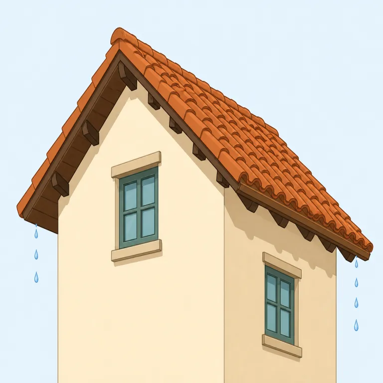 eaves（軒・名詞）の覚え方イラスト — eaves は、roof の端が壁より前にせり出した部分を頭に固定すると覚えやすい