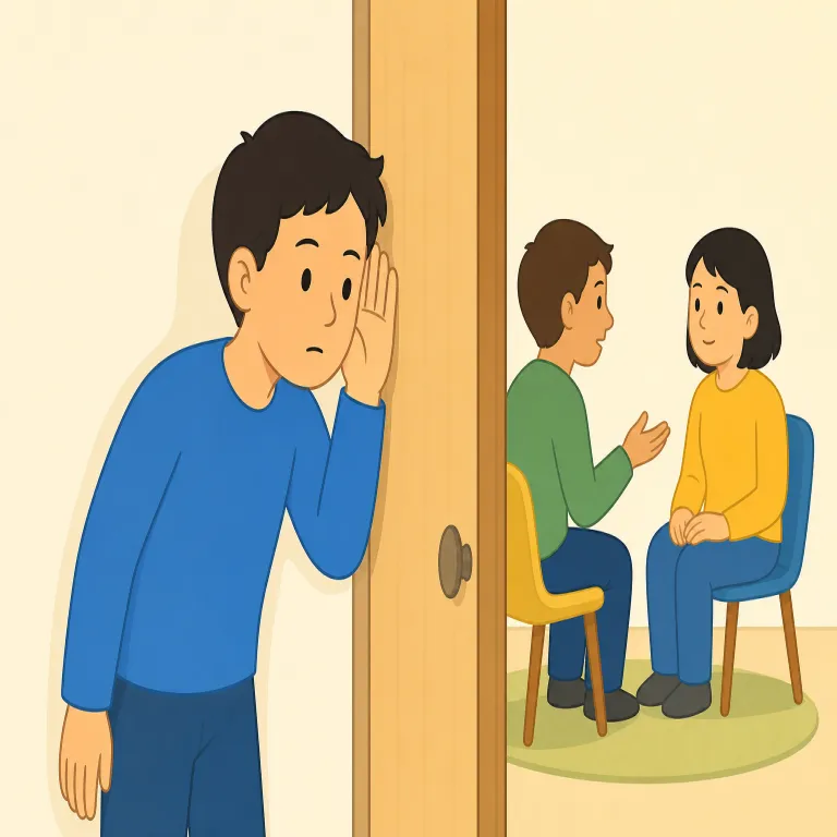 eavesdropping（盗み聞き、立ち聞き・名詞）の覚え方イラスト — まず動詞形 eavesdrop「盗み聞きする」を丸ごと覚え、-ing で行為名詞になった形だと見ると整理しやすいです