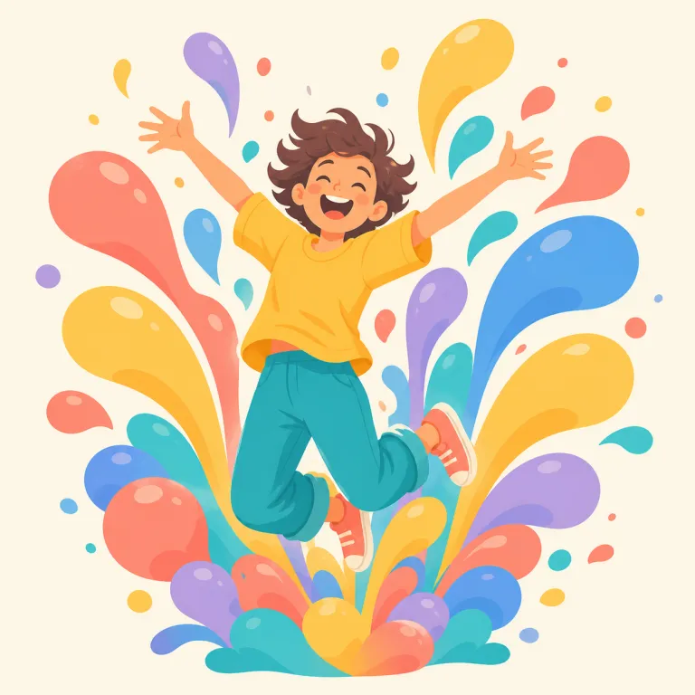 ebullient（陽気な・形容詞）の覚え方イラスト — ebullient は、簡単な語でいう cheerful や lively に近いが、ただ「うれしい」だけでなく、元気や熱意が外に出てくる感じがある