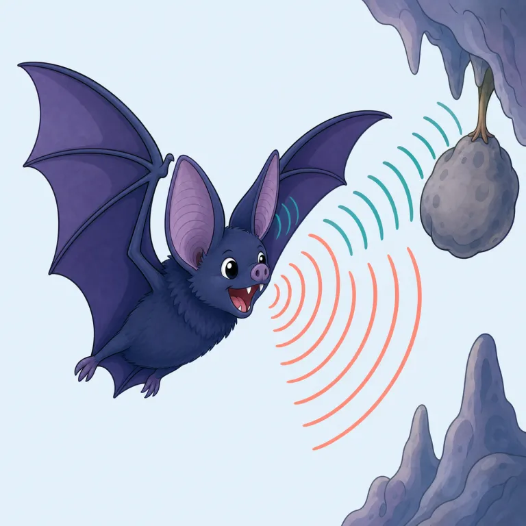 echolocate（反響定位する・動詞）の覚え方イラスト — echo「返ってくる音」＋ locate「位置を突き止める」と分解すれば、意味をそのまま再現できます