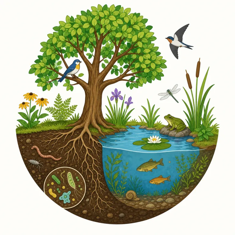 ecological（生態学的な・形容詞）の覚え方イラスト — ecological は ecology「生態学」に -ical が付いた形で、ここでは「環境の」という一般的な意味ではなく、生物とその周囲の条件を研究する学問に関係すると…