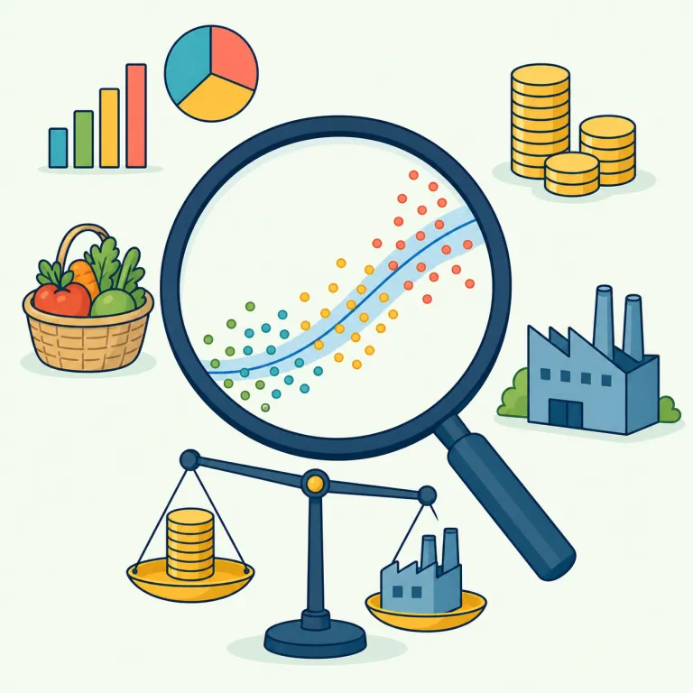 econometrics（計量経済学・名詞）の覚え方イラスト — economy（経済）+ metrics（測定指標）と分けると覚えやすい語です