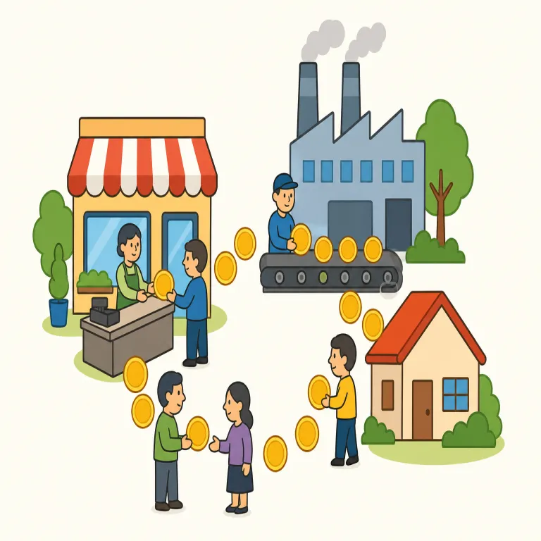 economic（経済的な・形容詞）の覚え方イラスト — この economic は「経済の、経済に関する」という基本義とは別に、費用や資源の使い方がむだなく、採算に合うという意味で使われる用法です