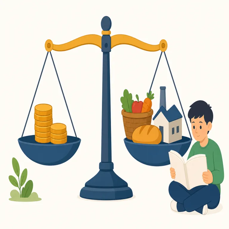 economics（経済学・名詞）の覚え方イラスト — economics を「経済学」と覚えるときは、語尾 -ics を手がかりにします