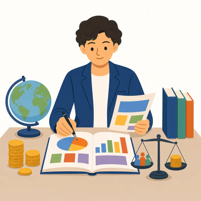 economist（経済学者・名詞）の覚え方イラスト — この意味の economist は、経済ニュースを解説する「エコノミスト」という肩書きよりも、経済学を専門に研究する「経済学者」を表す用法として覚えます