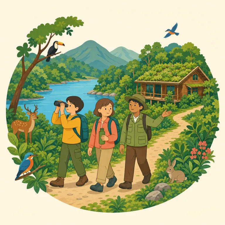 ecotourism（環境観光・名詞）の覚え方イラスト — eco- を「環境」、tourism を「観光」と結び付ければ意味は明快です