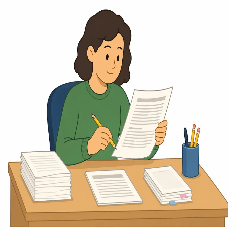 editor（編集者・名詞）の覚え方イラスト — edit「編集する」に -or「人」が付いた語として、原稿や記事を整える仕事の人を思い浮かべると覚えやすいです