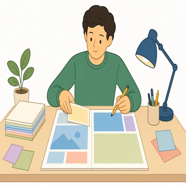 editorially（編集的に・副詞）の覚え方イラスト — この「編集的に」は、単に原稿を直すというより、媒体や編集部の立場・方針に沿って判断する感じを表します