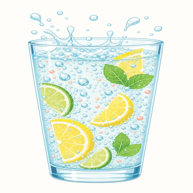 effervescent（発泡性の・形容詞）の覚え方イラスト — 炭酸水を開けた瞬間に、液体の中から細かい泡が次々に立つ場面を思い浮かべると定着しやすいです