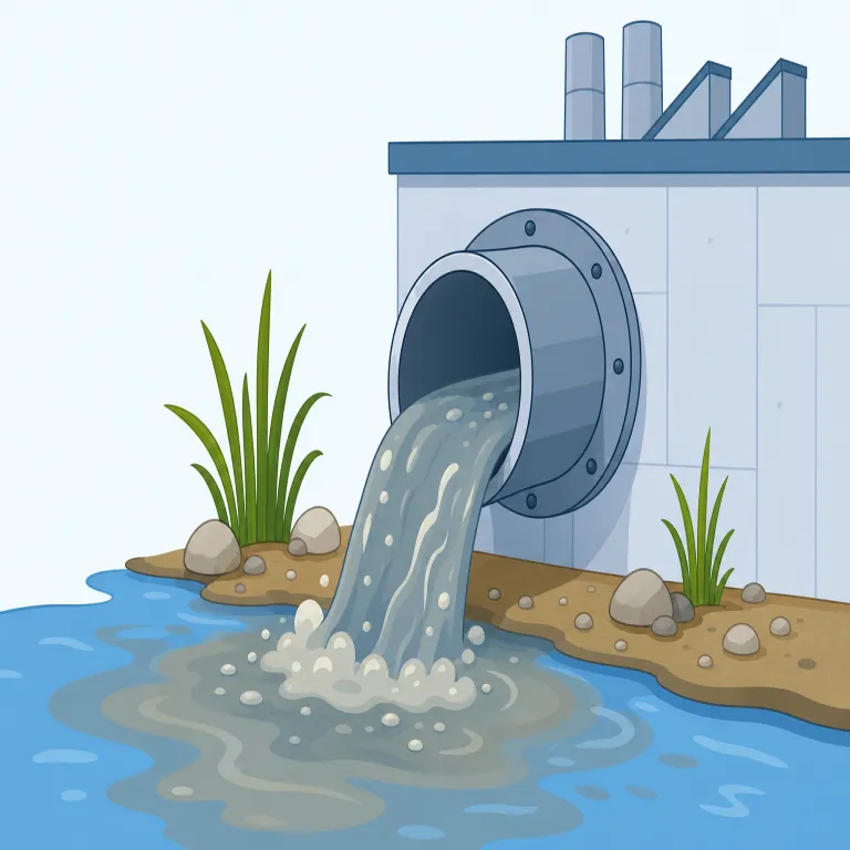 effluent（排水・名詞）の覚え方イラスト — 「fluent」「fluid」を知っていれば核はどちらも“flow＝流れる”