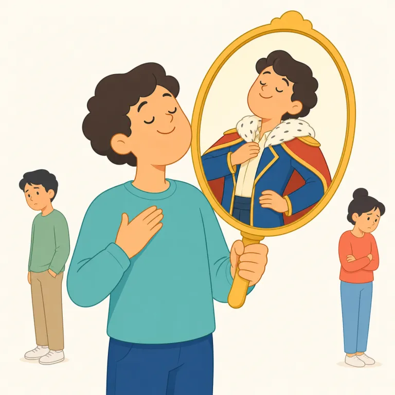 egomaniac（自己中心的でうぬぼれの強い人・名詞）の覚え方イラスト — ego を「自我」、maniac を「〜狂」と分けて覚えると定着しやすい