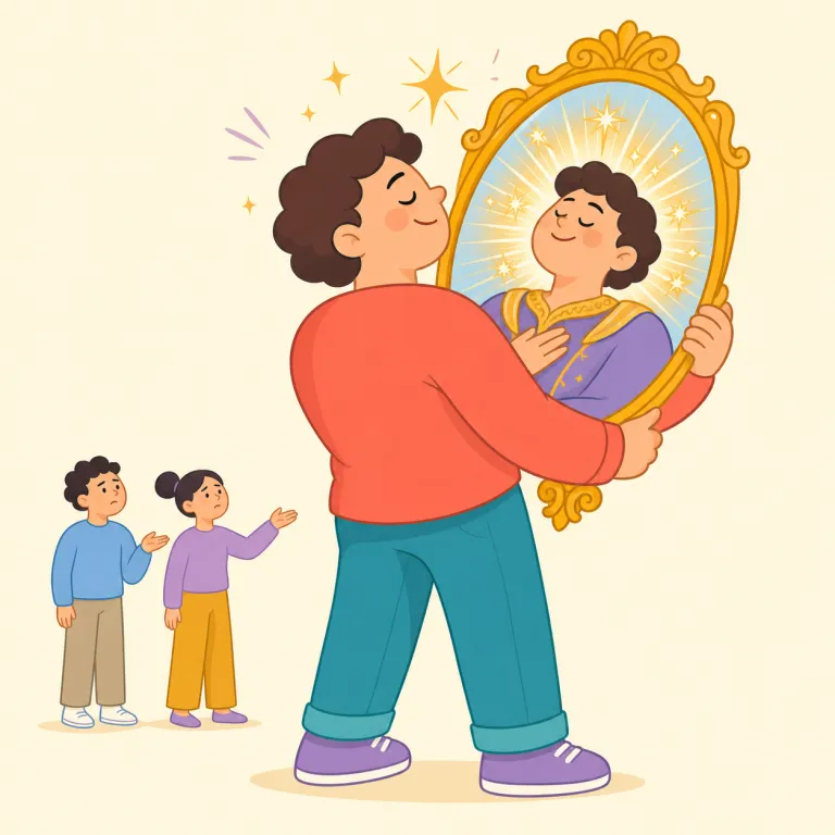 egomaniacal（自己中心的で自己愛過剰な・形容詞）の覚え方イラスト — ego（自我）とmaniac（〜狂、熱中しすぎる人）が見えれば、「自分に熱狂しているような人」という絵で覚えやすいです