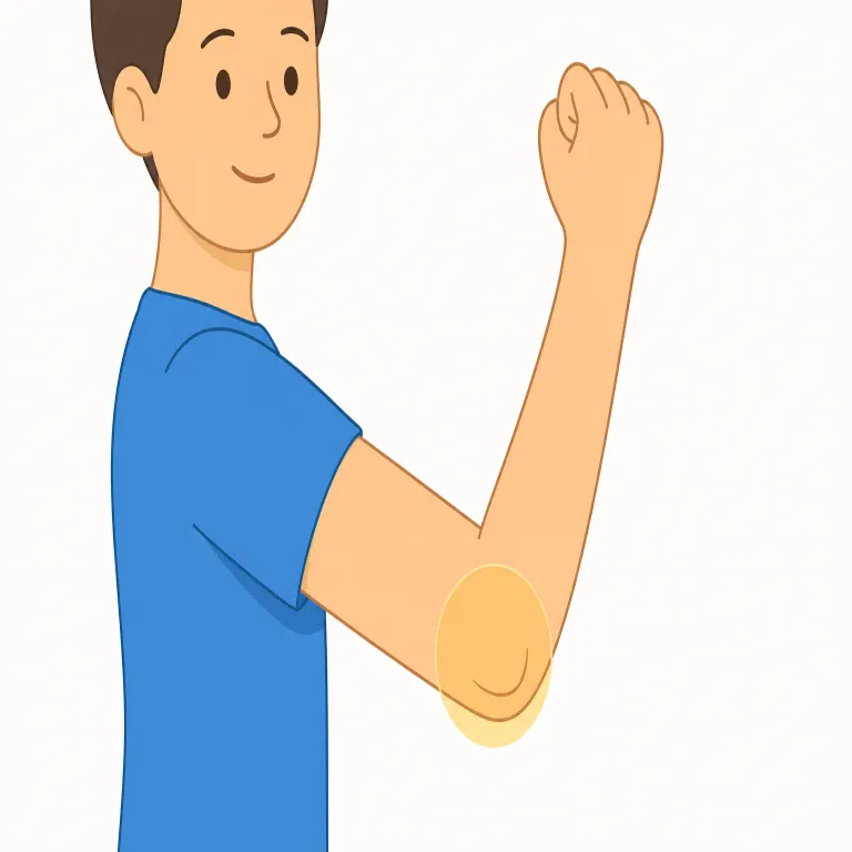elbow（肘・名詞）の覚え方イラスト — elbow は体の部位を表す基本語で、arm「腕」の中で曲がる部分を指します