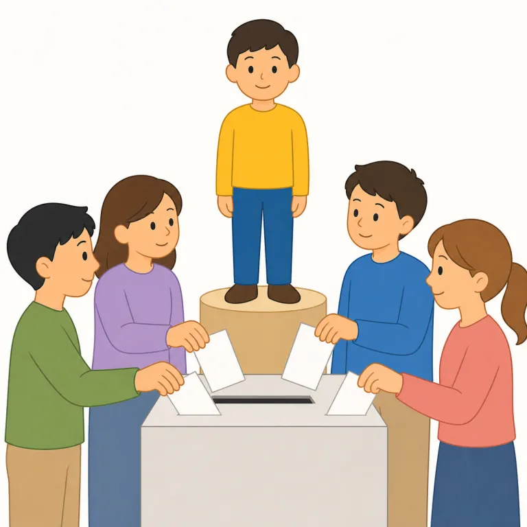 elect（選出する・動詞）の覚え方イラスト — elect はこのエントリでは、単に選択肢を選ぶ意味ではなく、投票や正式な手続きを通して人を役職・代表の地位に就ける意味で覚える
