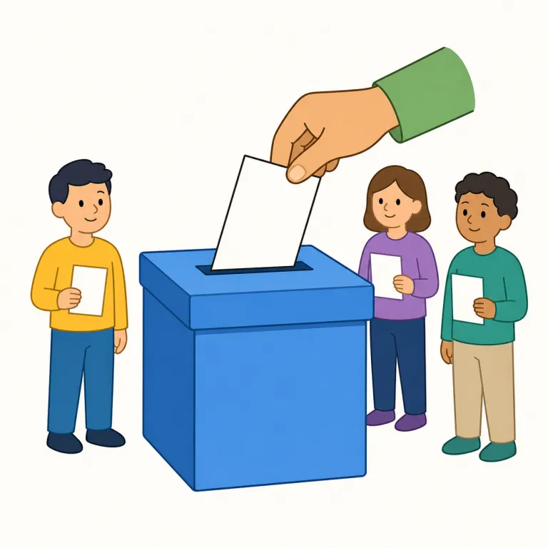 election（選挙・名詞）の覚え方イラスト — この election は、公職や代表を決めるために人々が投票する「選挙」という意味です