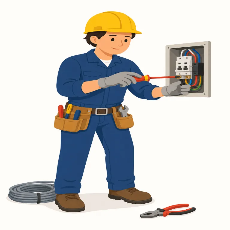 electrician（電気工事士・名詞）の覚え方イラスト — electrician は electric「電気の」＋ -ian「その分野の人」