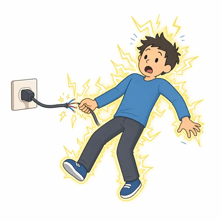 electrocuting（感電死させる・動詞）の覚え方イラスト — electro- は electric / electronic と同じ『電気』の印なので、まず電流が関わる語だと見抜く