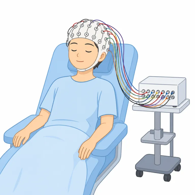 electroencephalography（脳波検査・noun）の覚え方イラスト