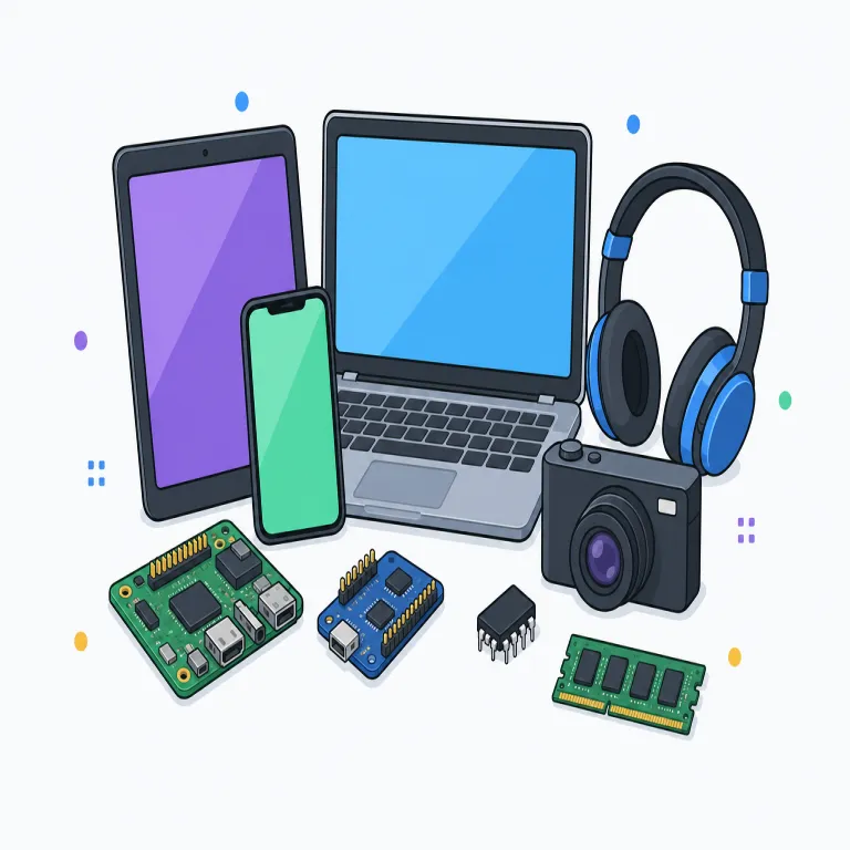 electronics（エレクトロニクス・名詞）の覚え方イラスト — electronics は electric, electronic, electron とつながる語で、電子技術を使った製品・産業・分野をまとめて呼ぶカタカナ語「エ…