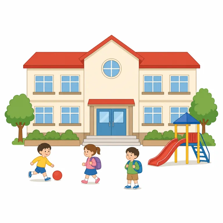 elementary school（小学校・名詞）の覚え方イラスト — elementary は element（要素）を知っていると「要素レベルの・基本の」という感覚で覚えやすい