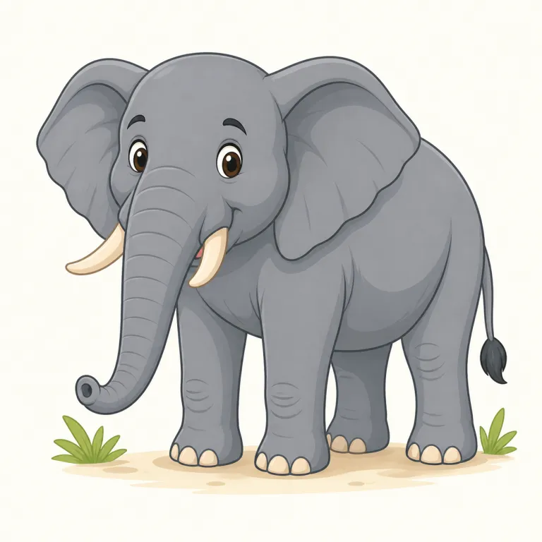 elephant（象・名詞）の覚え方イラスト — まず giant な動物の代表として、長い trunk（鼻）と big ears を持つ姿を一枚の絵で固定すると残りやすいです