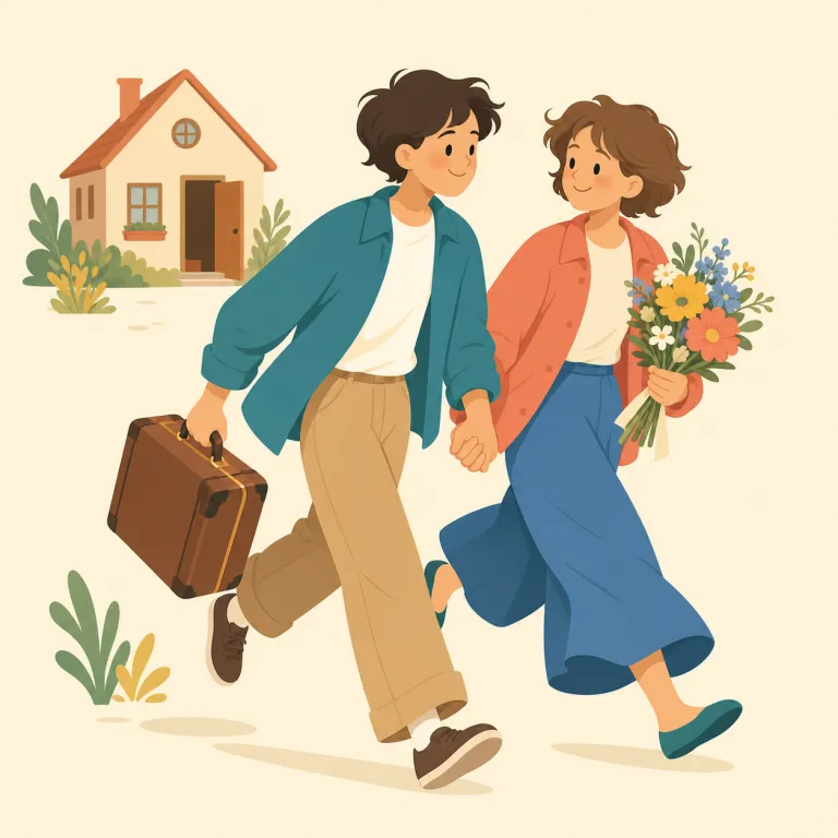 eloping（駆け落ちすること・名詞）の覚え方イラスト — elope は「ただ逃げる」ではなく、恋人が周囲の反対や面倒な準備を避けて、ひそかに結婚へ向かう場面で使う語