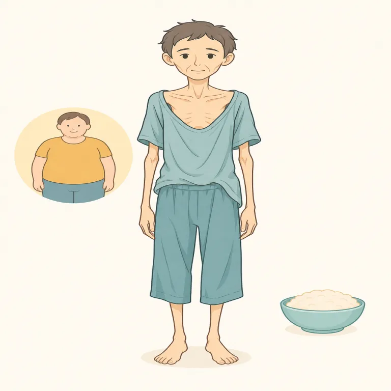 emaciated（やせ細った・形容詞）の覚え方イラスト — thin や slim の仲間として覚えるより、「普通に細い」をはるかに超えて、病気や飢えで骨ばって見えるレベルだと固定すると残りやすい