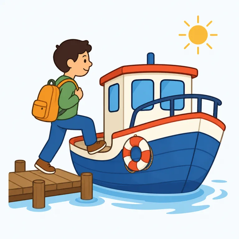 embark（乗り出す・動詞）の覚え方イラスト — em- を「中へ」、bark を古い語の「小舟」と見ると、「船の中へ入って出航する」絵になります
