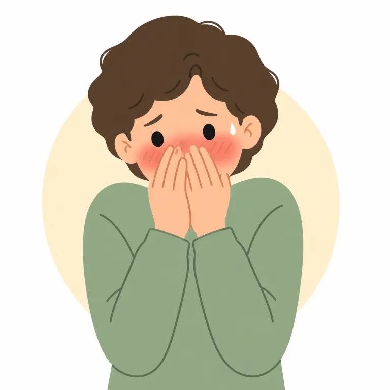 embarrassment（恥ずかしさ・名詞）の覚え方イラスト — embarrassment を「恥ずかしさ」と覚える時は、他人の視線を意識して顔が赤くなったり、言葉に詰まったりする感情に結びつけます