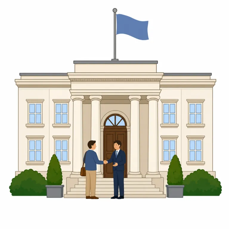 embassy（大使館・名詞）の覚え方イラスト — この embassy は、外交代表が働く公式の場所としての「大使館」を指します