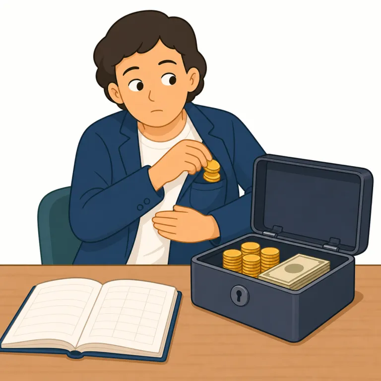 embezzle（横領する・動詞）の覚え方イラスト — steal が単なる「盗む」なら、embezzle は「預かった金を立場を利用して抜く」