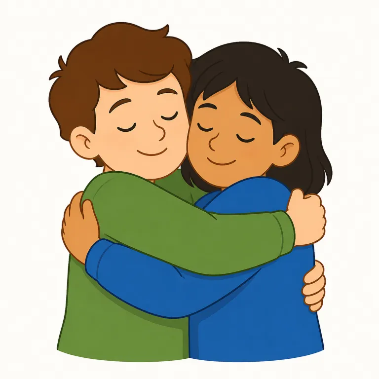 embrace（抱きしめる・動詞）の覚え方イラスト — em- を「中へ」、brace を「腕で支える」と見て、相手を自分の腕の内側へ迎え入れる絵を作るとよいです
