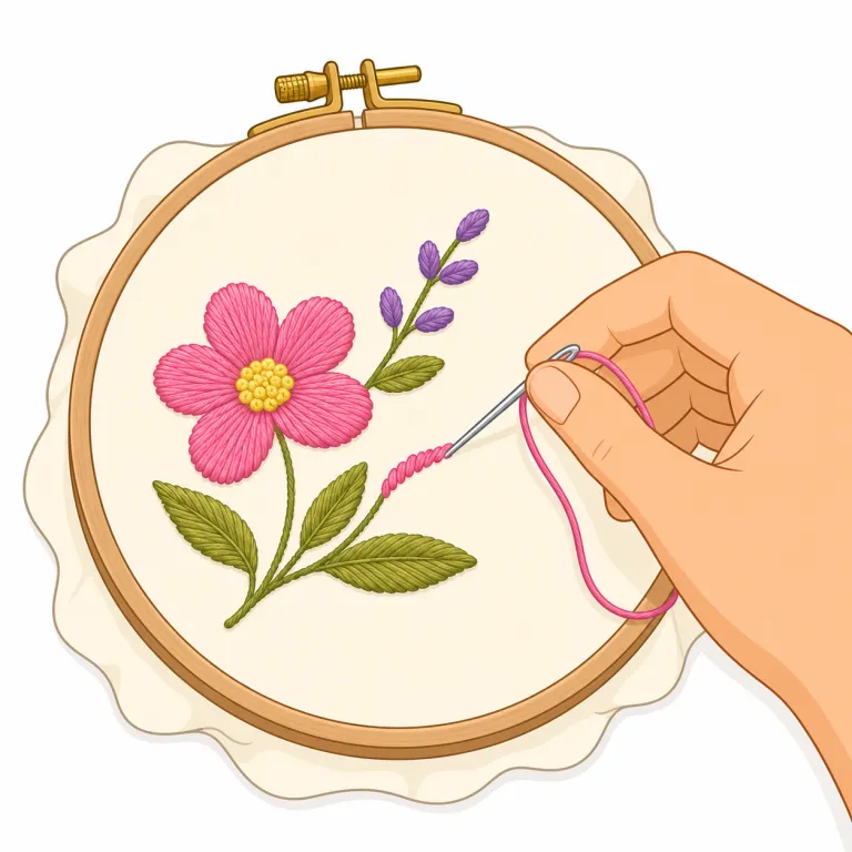 embroider（刺繍する・動詞）の覚え方イラスト — embroider は、布に針と糸で模様や文字を縫い込む「刺繍する」として覚えます