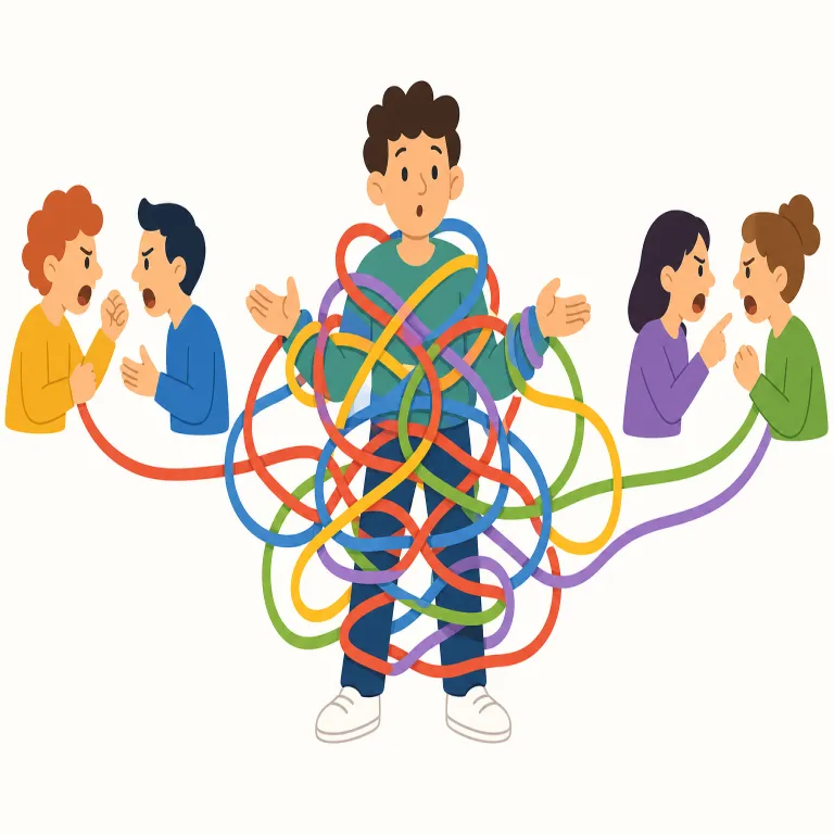 embroil（巻き込む・動詞）の覚え方イラスト — embroil は、まず embroiled in controversy / scandal / conflict の形で覚えると強い