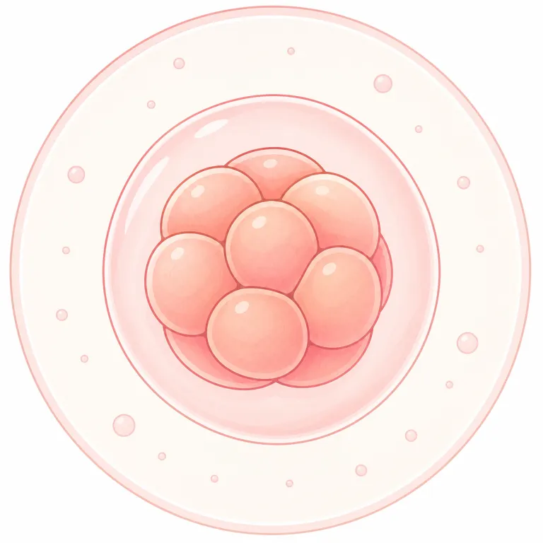 embryonic（胚の・形容詞）の覚え方イラスト — embryonic は embryo（胚）に形容詞語尾 -ic が付いた形なので、まず "embryo に関する" と取ると覚えやすいです