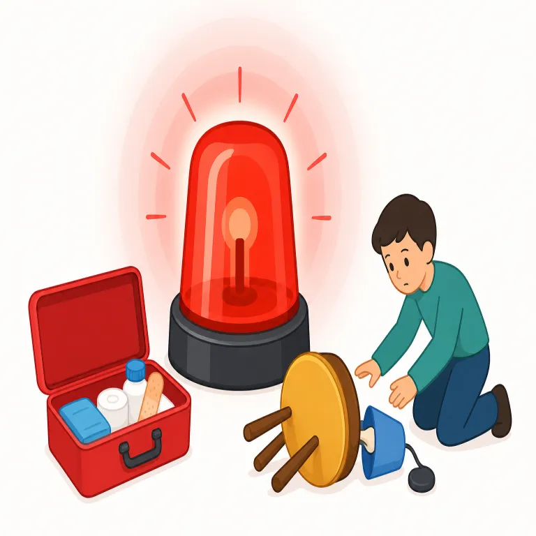emergency（緊急事態・名詞）の覚え方イラスト — emergency は emerge「現れる」と同じ語源なので、危険が急に表面化し、通常の手順を止めて対処する場面を思い浮かべると定着します