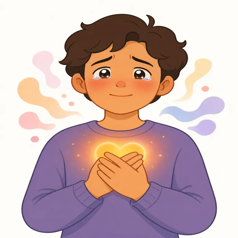 emotional（感情的な・形容詞）の覚え方イラスト — この用法の emotional は、単に「感情の」ではなく、気持ちが強く動いて表に出ている状態を表します