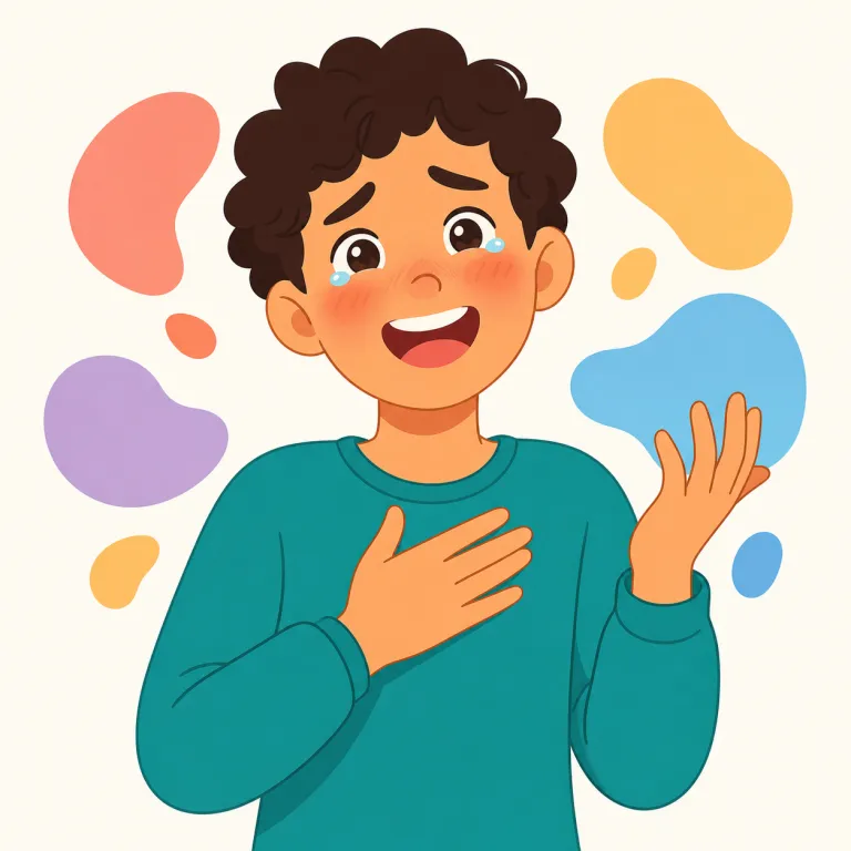 emotionally（感情的に・副詞）の覚え方イラスト — この用法の emotionally は、心の健康や発達を情緒面で見る基本義とは別に、判断や反応が冷静さより感情に強く引っぱられている様子を表す