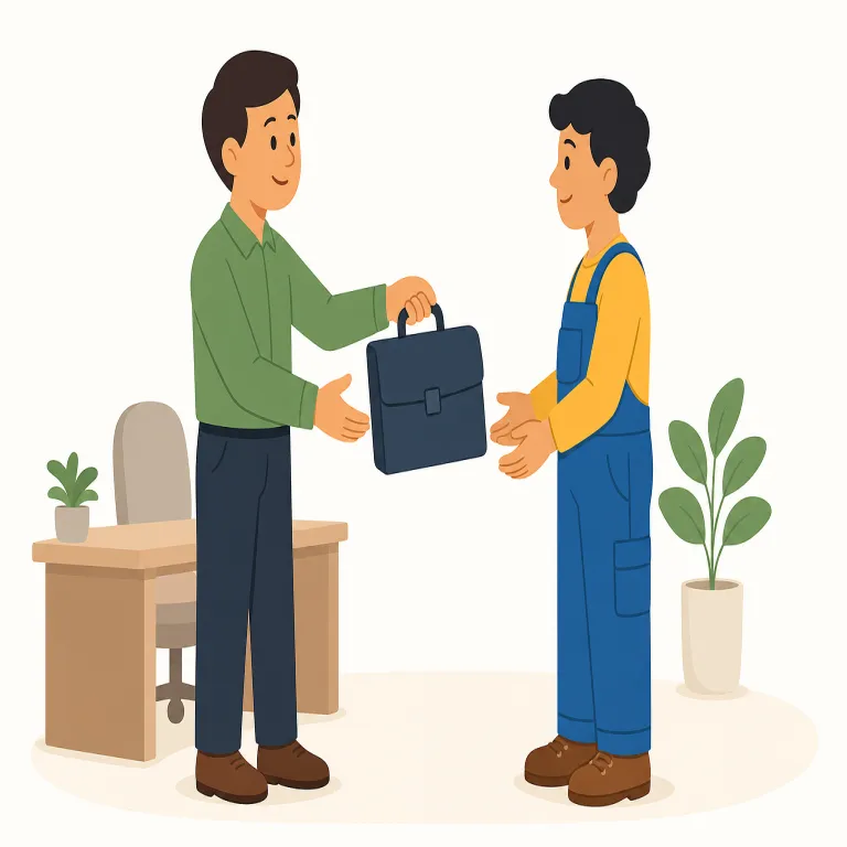employ（雇用する・動詞）の覚え方イラスト — employ を「雇用する」で覚えるときは、employee「従業員」, employer「雇い主」, employment「雇用」を一つの語族として結びつけます