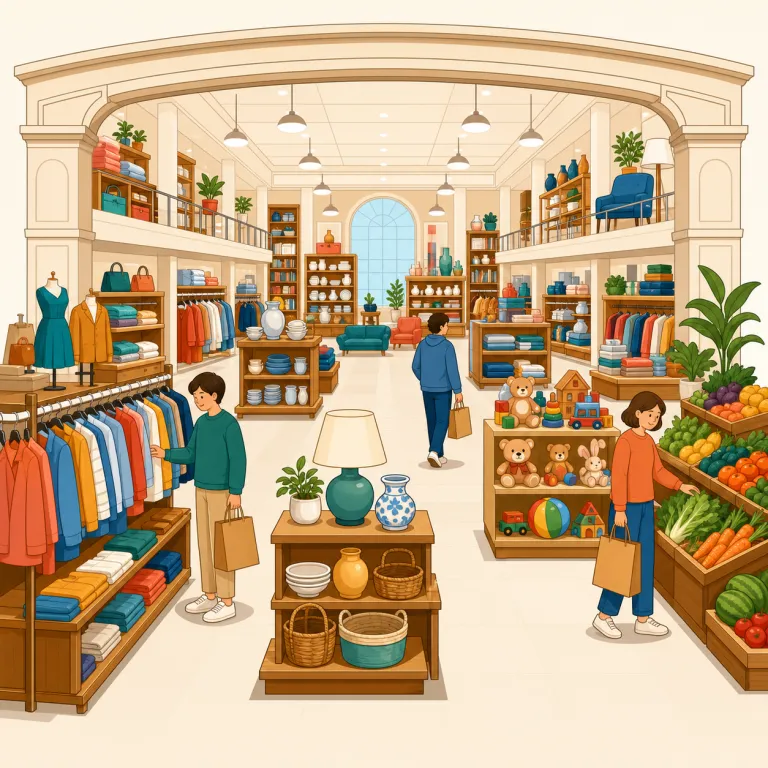 emporium（大規模商店・名詞）の覚え方イラスト — shop や store よりも、品ぞろえと規模が一段大きい店を思い浮かべると定着しやすい語です