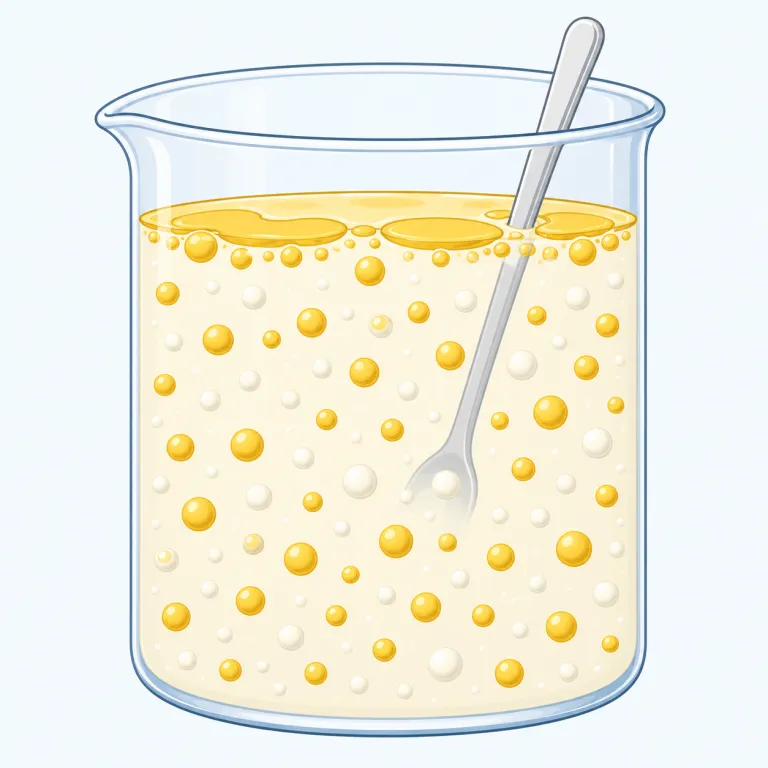 emulsion（乳剤、乳濁液・名詞）の覚え方イラスト — emulsion は solution のように「完全に溶けた液体」ではなく、混ざらない液体どうしが細かい粒になって、見た目には一体化している状態と押さえると覚えやすいです