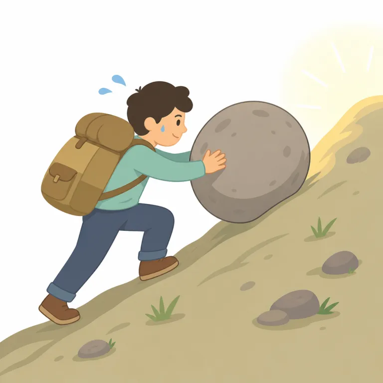 endeavoring（努力している・動詞）の覚え方イラスト — endeavoring は try より硬めで、ただ「やってみる」のでなく、目標に向かって本気で努力し続ける感じ