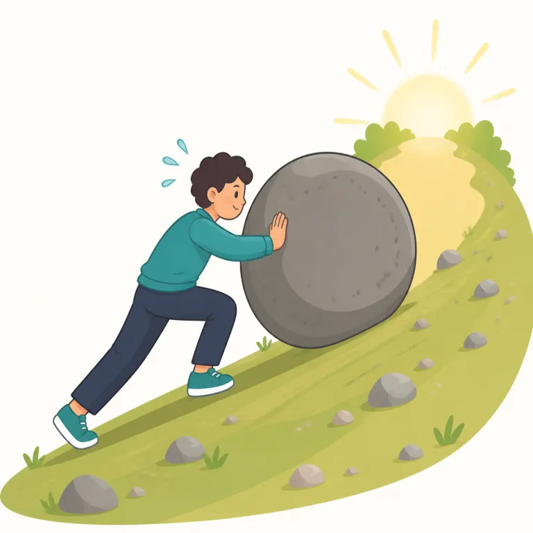 endeavouring（努力している・動詞）の覚え方イラスト — endeavouring は、やや硬い endeavour「努力する、力を尽くす」に -ing が付いた形で、目標や課題に向かって真剣に取り組んでいる途中の状態を表します