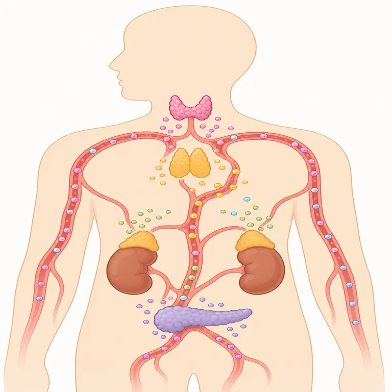 endocrine（内分泌の・形容詞）の覚え方イラスト — endo- は「内側」を表す接頭辞で、endoscopy（内視鏡）などにも出ます