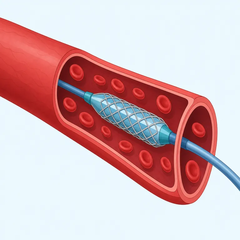 endovascular（血管内・形容詞）の覚え方イラスト — endo- は endoscopy などで見かける「内側・内部」、vascular は cardiovascular や vascular disease の「血管の」