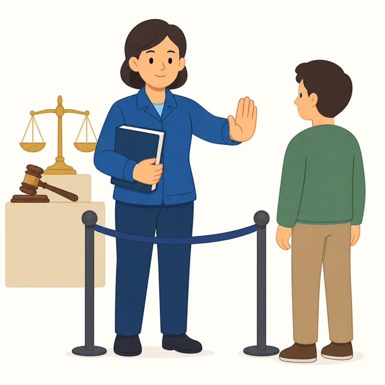 enforce（（法律・規則などを）施行する、取り締まる・動詞）の覚え方イラスト — この意味の enforce は、法律・規則・契約などが実際に守られるように「権限を持って運用する」語