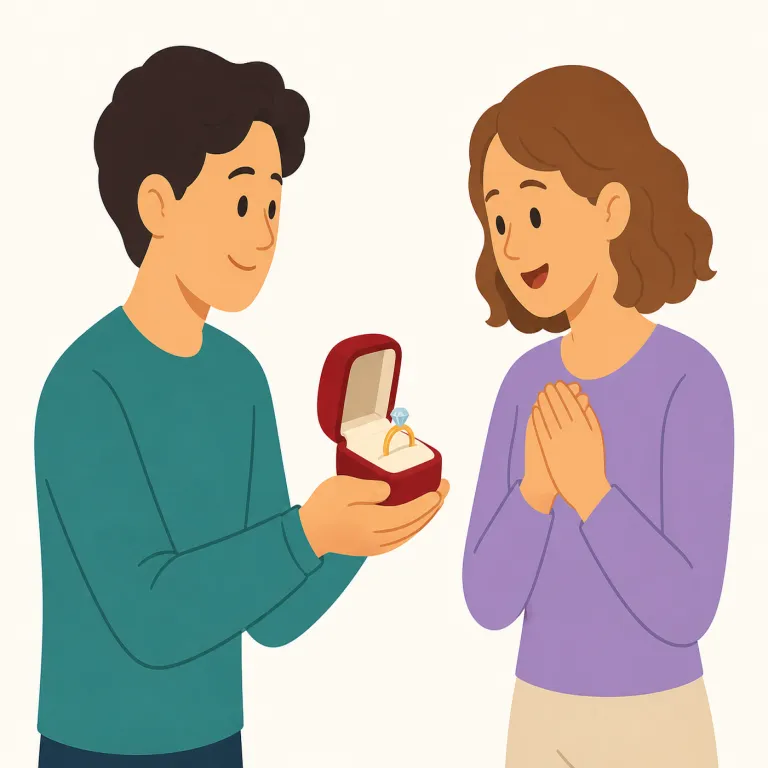 engagement（婚約・名詞）の覚え方イラスト — この engagement は「婚約」という意味で、二人が結婚する約束を正式に交わした状態や期間を表します