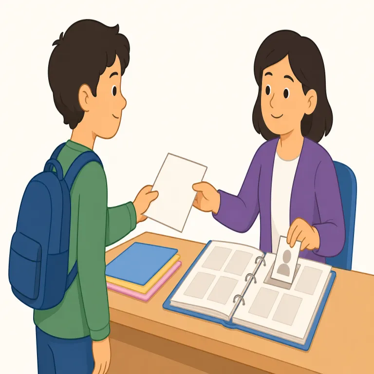 enrol（登録する・動詞）の覚え方イラスト — このエントリでは enrol を「正式な記録や名簿に名前を載せる」という登録動作として覚えます