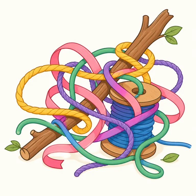 entangle（絡まる・動詞）の覚え方イラスト — このエントリの entangle は、単に何かを「絡ませる」動作ではなく、糸・網・つるなどが結果として絡まった状態になる、または人が面倒な問題に巻き込まれる意味に注目します