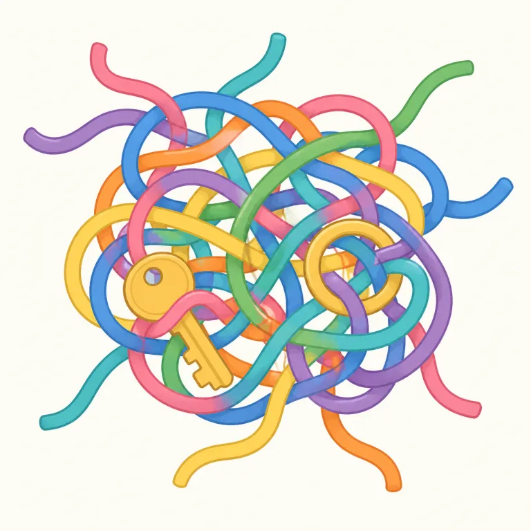 entanglement（もつれ・名詞）の覚え方イラスト — まず核は tangle「絡まる・もつれる」